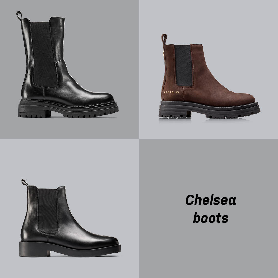 tre chelseaboots sett fra siden