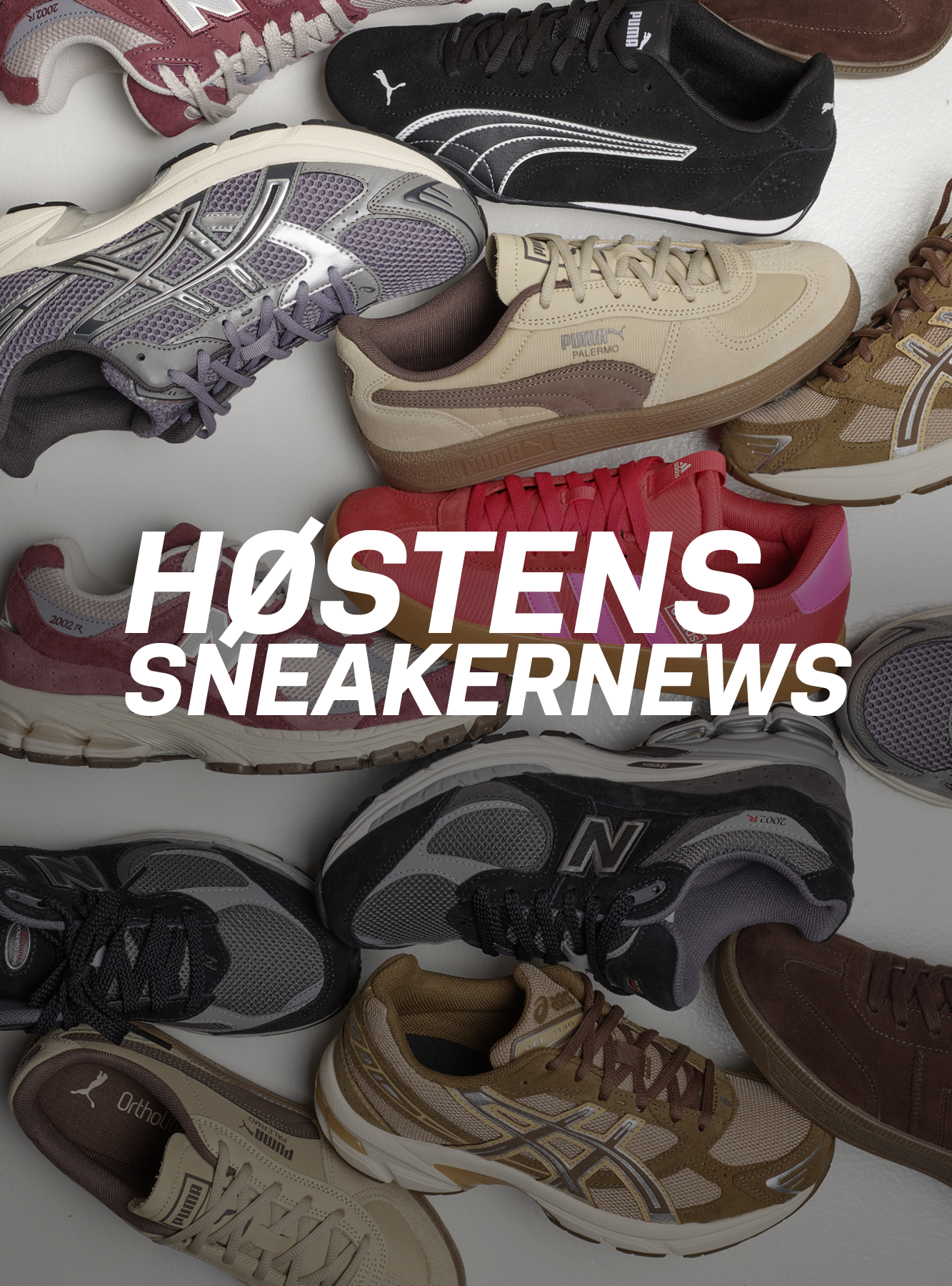 Ulike sneakers i forskjellige farger og stiler fra merker som Puma, New Balance og Asics med teksten "HØSTENS SNEAKERNEWS"