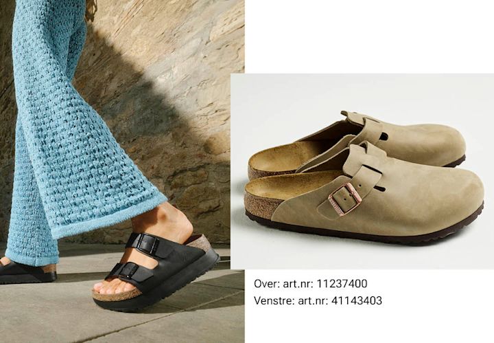 Sorte Bikrnestocksandaler med platåsåle på gående føtter med blå strikket bukse + lyse Birkenstock clogs stående i par på hvit bakgrunn