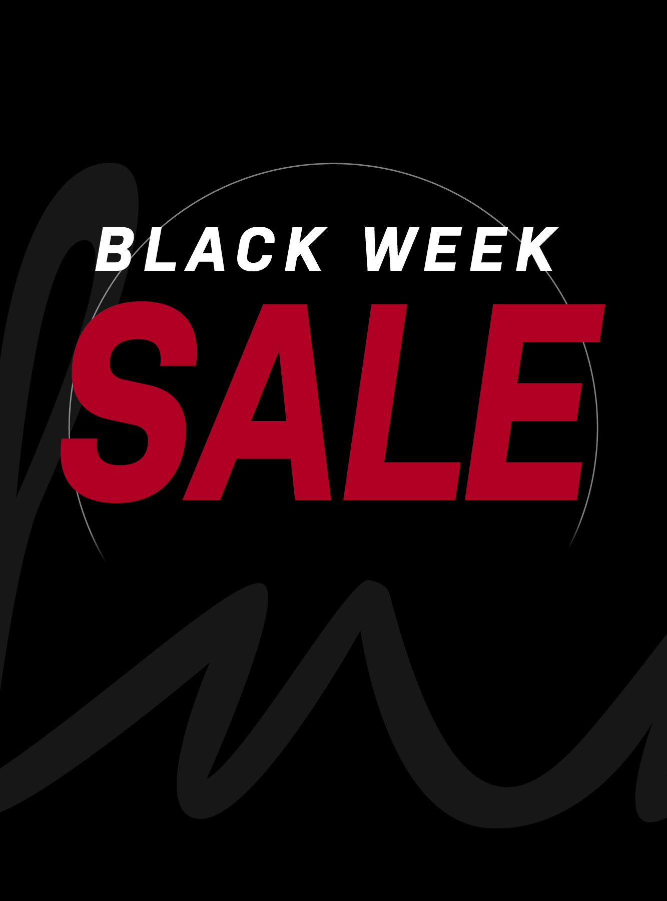 Grafisk promotering av "BLACK WEEK SALE" med hvit og rød tekst på svart bakgrunn, omgitt av en sirkel.