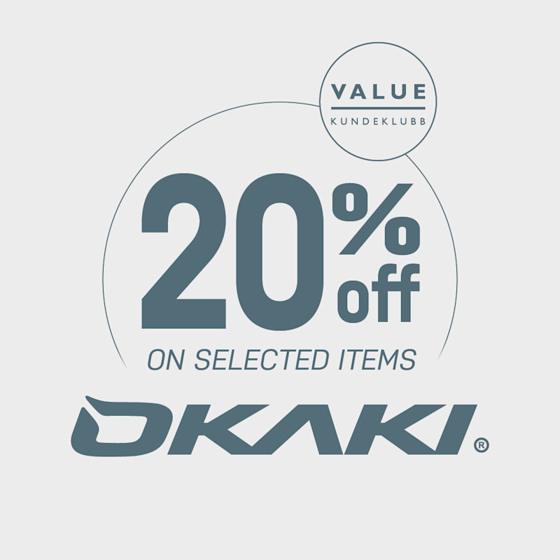 Logo for Okaki med tekst som tilbyr 20 % rabatt på utvalgte varer for Value kundeklubb-medlemmer.