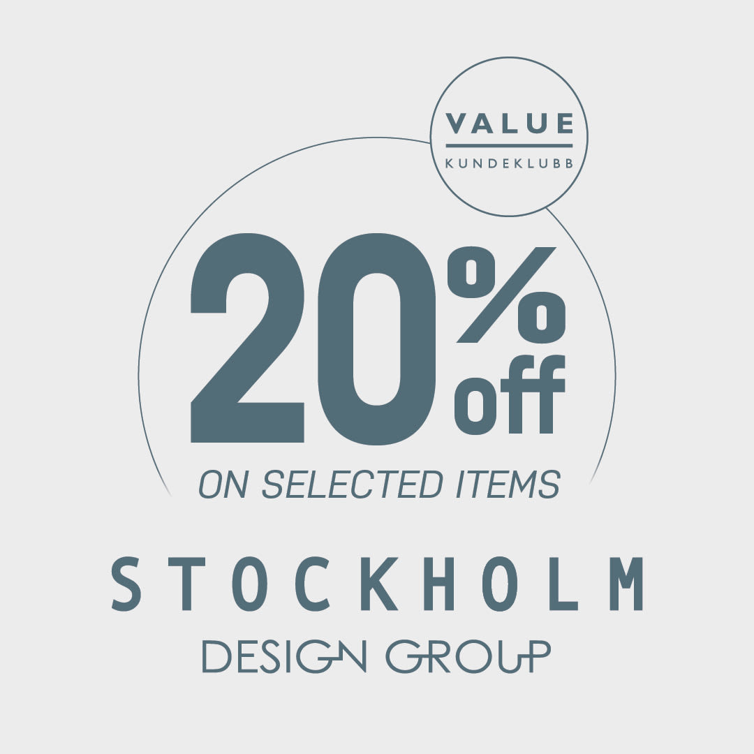 Reklamebanner for Stockholm Design Group med 20% rabatt på utvalgte varer for Value kundeklubb-medlemmer.